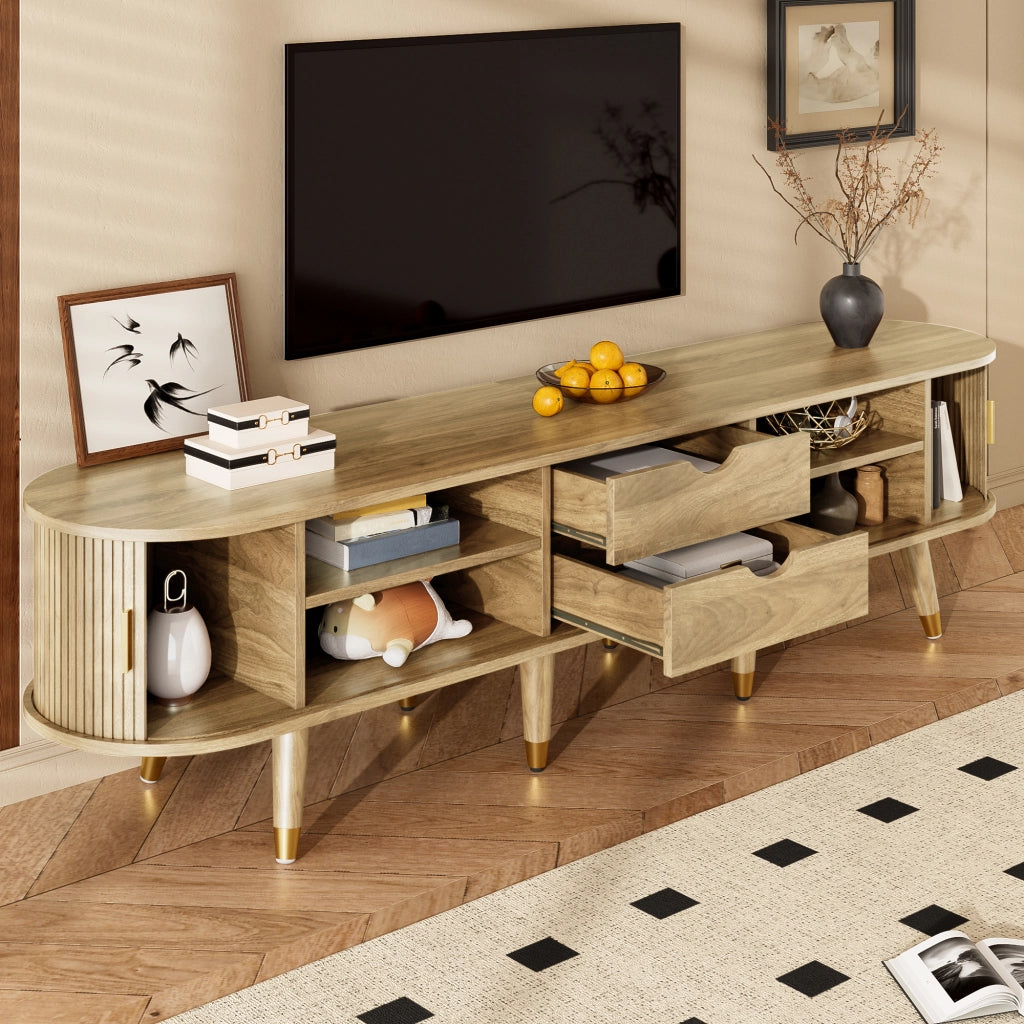 Mobile TV con 2 Ante Scorrevoli; 2 Cassetti e Vani a Giorno; Stile Naturale; 175??38??45 cm; in MDF; Rovere