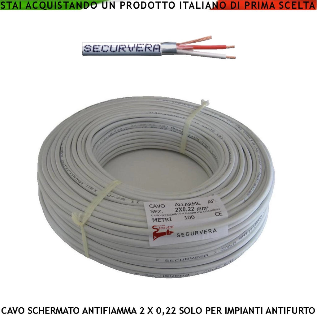 Cavo Schermato Flessibile Antifiamma 2x0,22 mm² Guaina PVC Bianco Prot. Alluminio/Poliest Drenaggio 2 CondutTori Coppie Polariz. Fili 7 Ø 0,19 mm Per Impianti di Allarme Antifurto Norma CEI 20/22-III