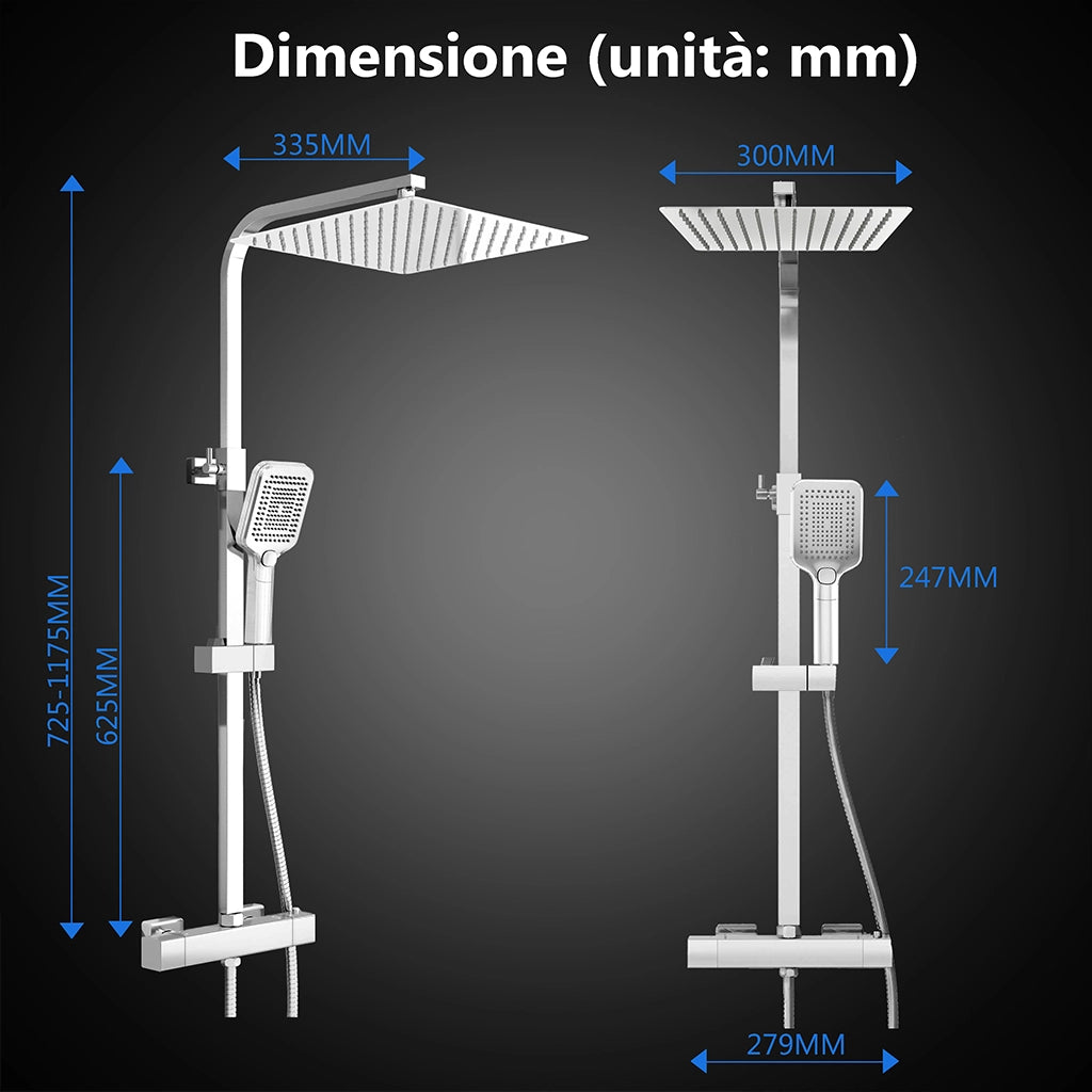Miscelatore termostatico doccia con soffione 30x30cm e doccetta 25x10cm, colonna doccia rettangolare cromo