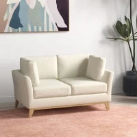 Divano da 2 Posti in Legno di Eucalipto e Tessuto Effetto Lino con 2 Cuscini, 137x78x78 cm, Beige