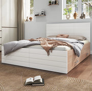 Letto matrimoniale 180x200 cm con 2 cassetti; rete a doghe; legno e MDF; bianco e rovere chiaro
