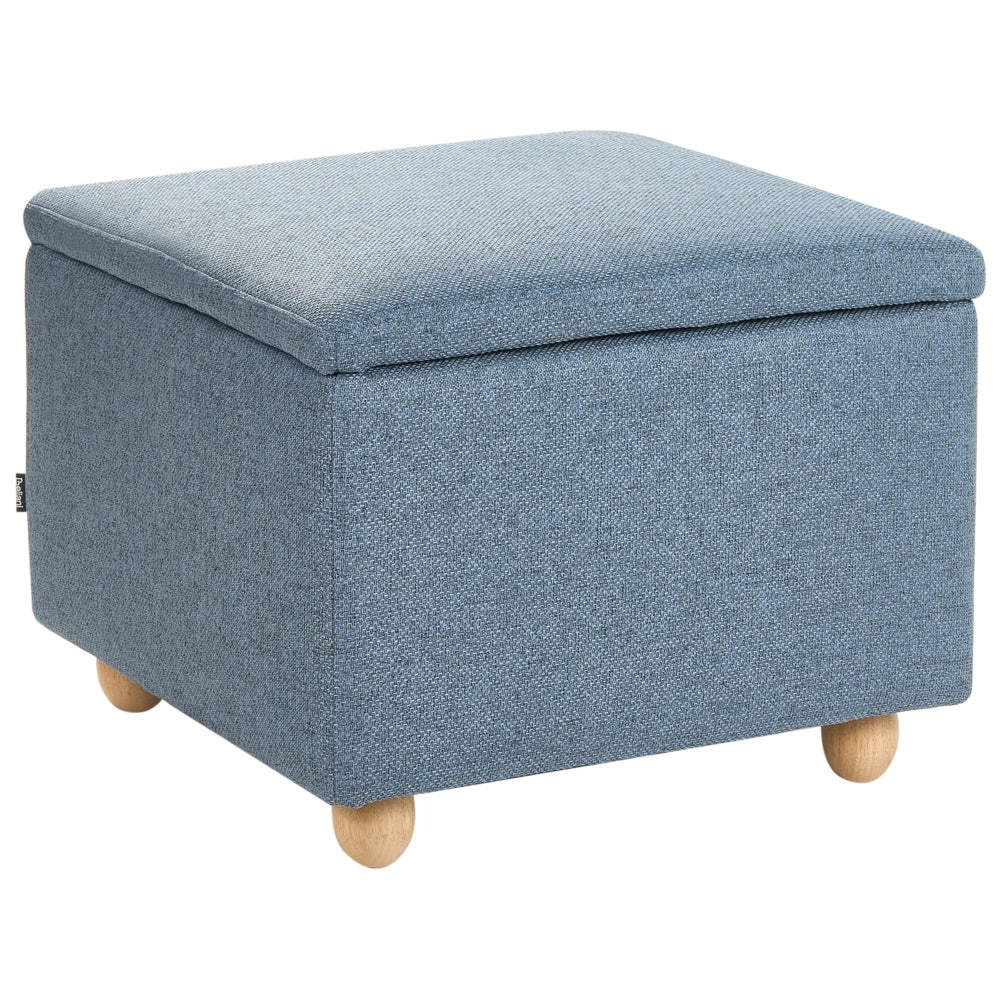 Pouf contenitore in tessuto blu con finitura idrorepellente. Poggiapiedi imbottito con contenitore e seduta per ingresso.