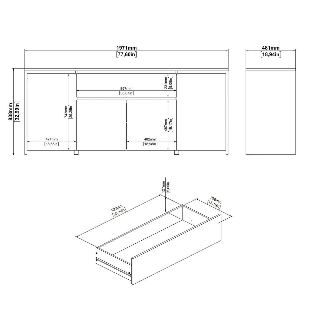 Credenza Basile, Buffet da soggiorno, Madia da salotto, Dispensa da cucina, 197x48 h84 cm, Rovere e Bianco lucido