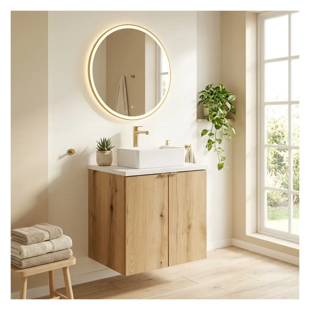 Set VANO in finitura rovere e bianco 50cm: mobili sotto lavabo con ante + piano per lavabo + lavabi da appoggio rettangolari
