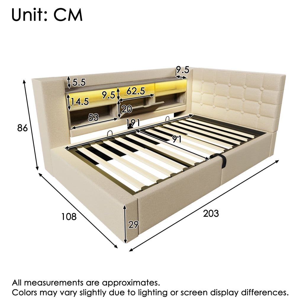 Letto singolo 90x190 cm in lino beige con LED; contenitore idraulico e testiera a L reversibile