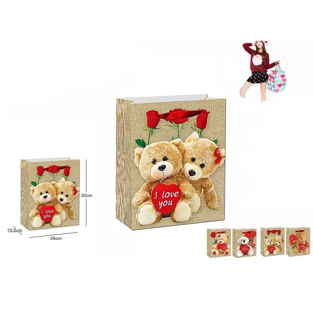 Trade Shop - Set 6 Buste Regalo San Valentino Busta 10.5x26x32cm 63988 Varie Stampe Orso Cuore -