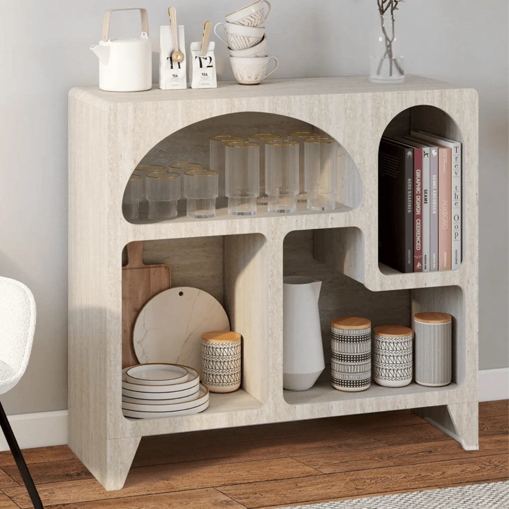 IDMarket - Credenza in stile organico da 80 cm ALESIA a 4 scomparti, effetto travertino