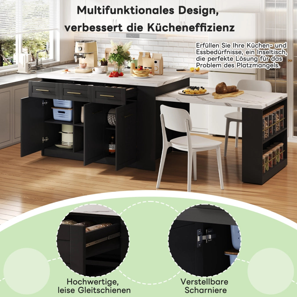 Isola da cucina con tavolo estraibile 150x90x90 cm in MDF nero e bianco marmo