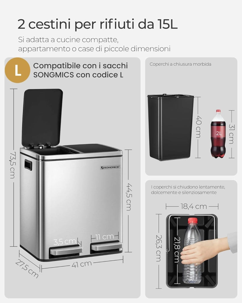 SONGMICS Cestino da Cucina, Doppio Secchio 2 x 15L per Raccolta Differenziata, Pattumiera a Pedale, Coperchi a Chiusura Morbida, Acciaio, Argento Metallizzato e Nero Inchiostro LTB30H