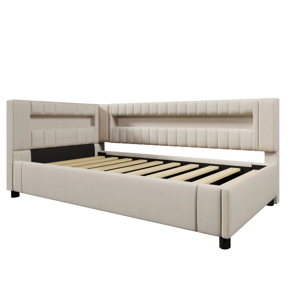 Letto da giorno 90x200 cm con LED; contenitore idraulico; USB e Type-C in lino beige