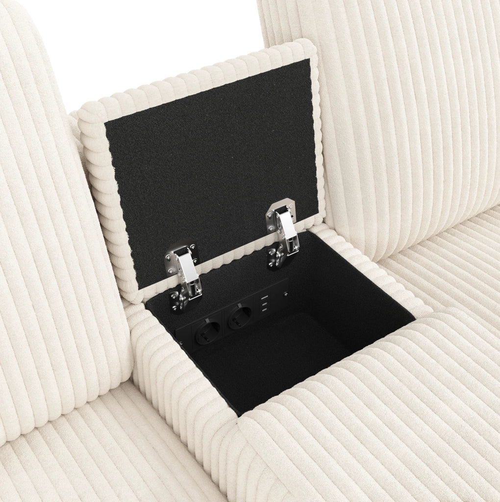 Divano a U in velluto a coste con 2 pouf contenitore; tavolino; USB; Type-C e prese; beige