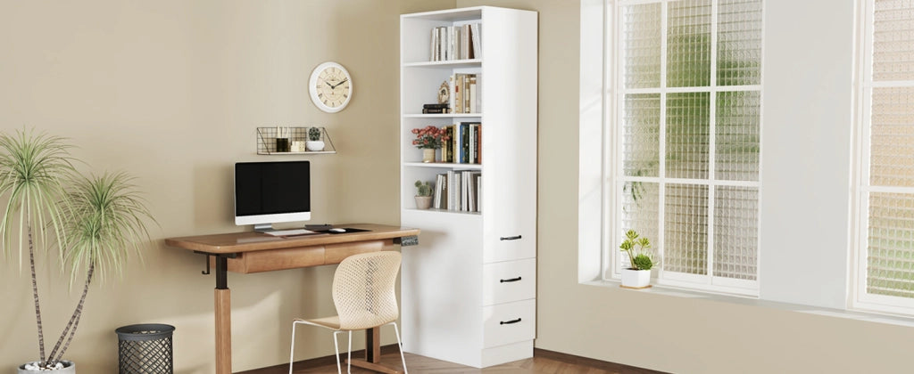 Libreria con 3 cassetti e 4 vani aperti, ripiani regolabili, per piccoli spazi, in truciolato, bianco, 60 × 38 × 180 cm