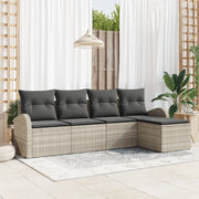 Set di divani da giardino da 5 pezzi con cuscini grigio chiaro in polirattan