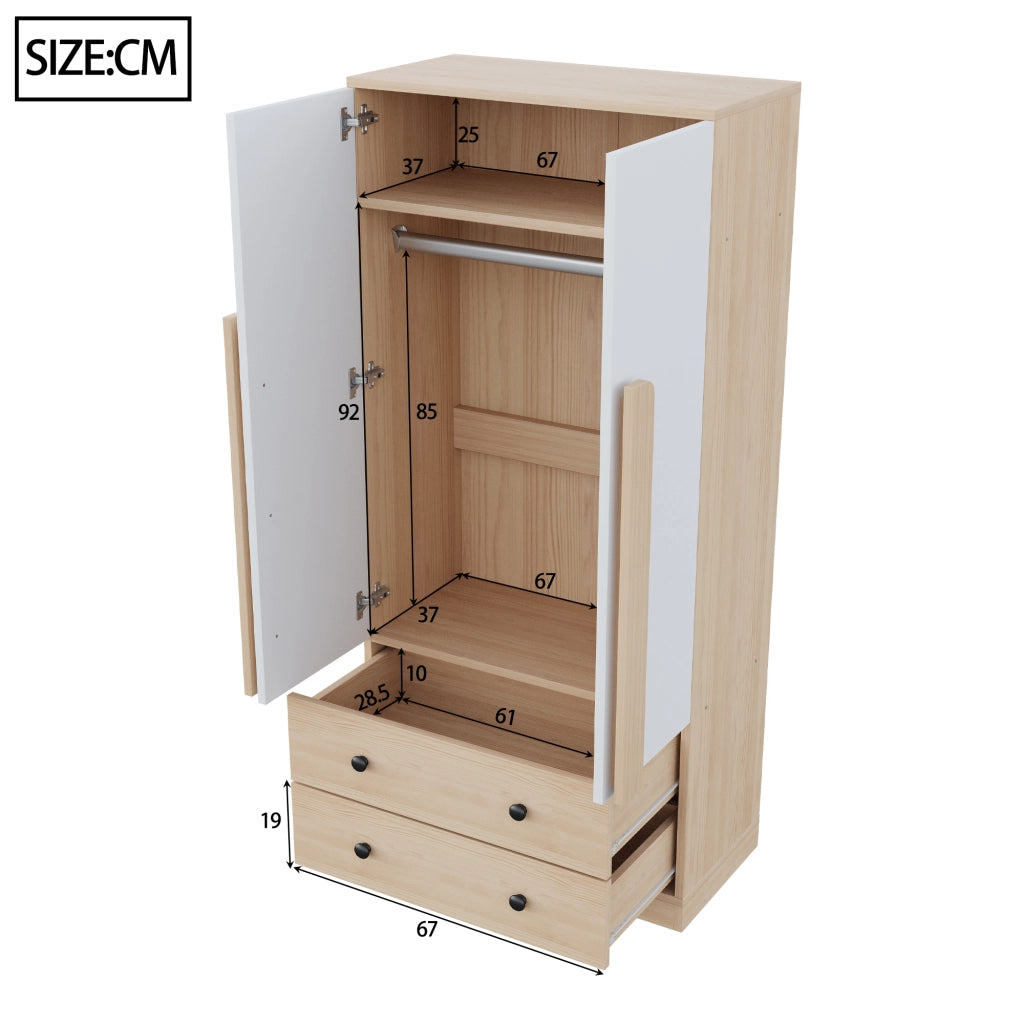 Armadio con 2 ante e 2 cassetti, 1 vano, per camera da letto e soggiorno, in legno, naturale e bianco, 70 × 40 × 170 cm