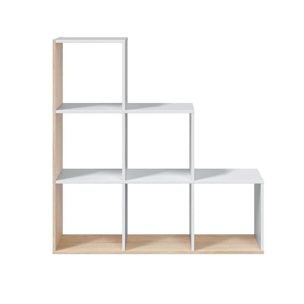 Libreria Abilu, Mobile portalibri bifacciale con 6 scomparti, Scaffale divisorio da ufficio, cm 108x28h110, Bianco e Rovere