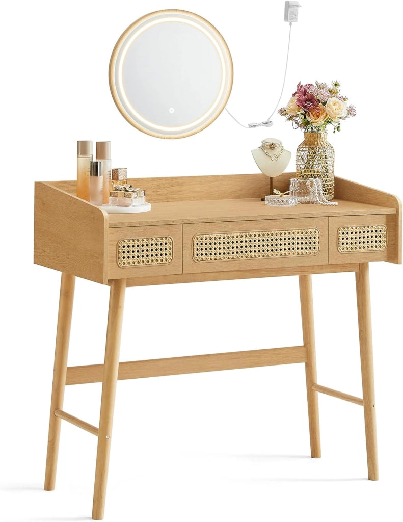 SONGMICS HOME Tavolo da Toeletta con Specchio e Luce, Tavolo da Trucco, 3 Cassetti Effetto Rattan, Luce con 3 Colori, Stile Bohemien, Camera da Letto, Rovere Beige RVT007Y01