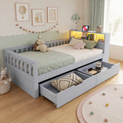 Letto singolo multifunzionale 90×200 cm; grigio; in legno con cassetti; ripiani; LED; USB e Type-C