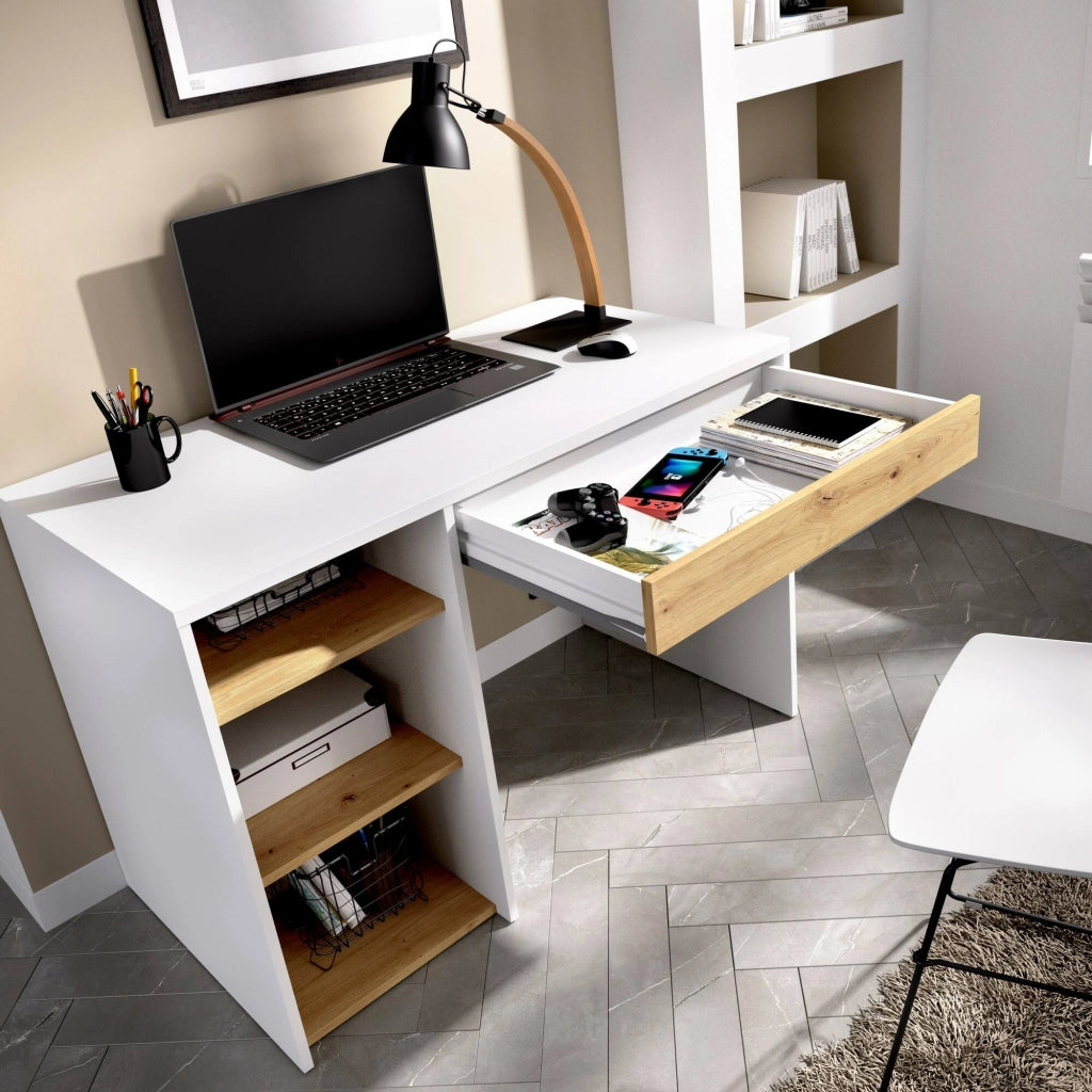 Scrivania Antonello, Scrittoio ufficio salvaspazio multiuso, Tavolo da studio lineare con 1 cassetto e 3 ripiani, 110x50h74 cm, Bianco e Rovere Nodi