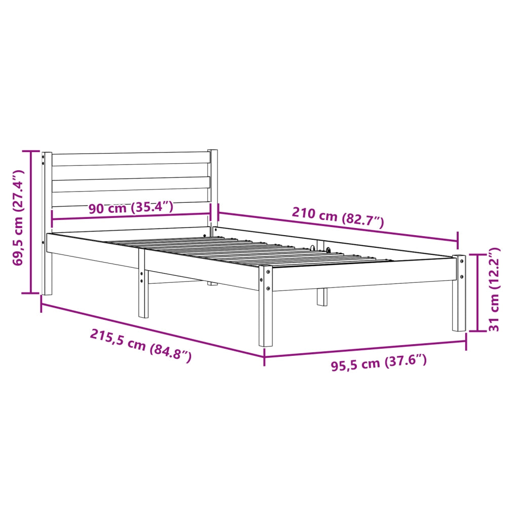 Struttura Letto con Testiera Bianca 90x210 cm in Legno Massello di Pino