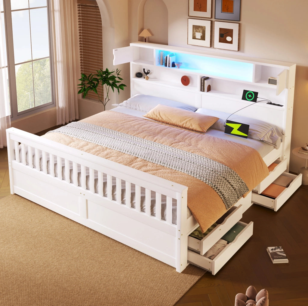 Letto matrimoniale 180x200 cm con LED, testiera contenitiva e 4 cassetti