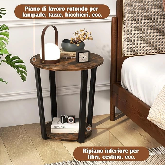 Tavolino Rotondo, Tavolino Laterale a 2 Ripiani con Mensola Aperta, Tavolino da Divano con Struttura in Metallo per Soggiorno, Camera da Letto e Piccoli Spazi (Marrone)