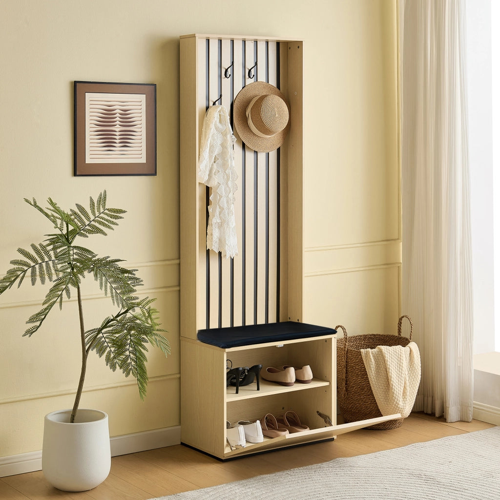 Armadio moderno con panca e vano porta scarpe ¨C organizer per ingresso con 4 ganci, cuscino per la seduta e scomparti portaoggetti ¨C elegante, per