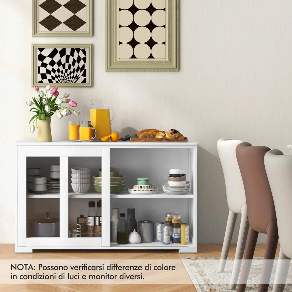 Armadietto da Cucina Mobile Laterale Multiuso con Ante Scorrevoli, in MDF e Vetro, 106,5 x 33 x 62,5 cm (Bianco)