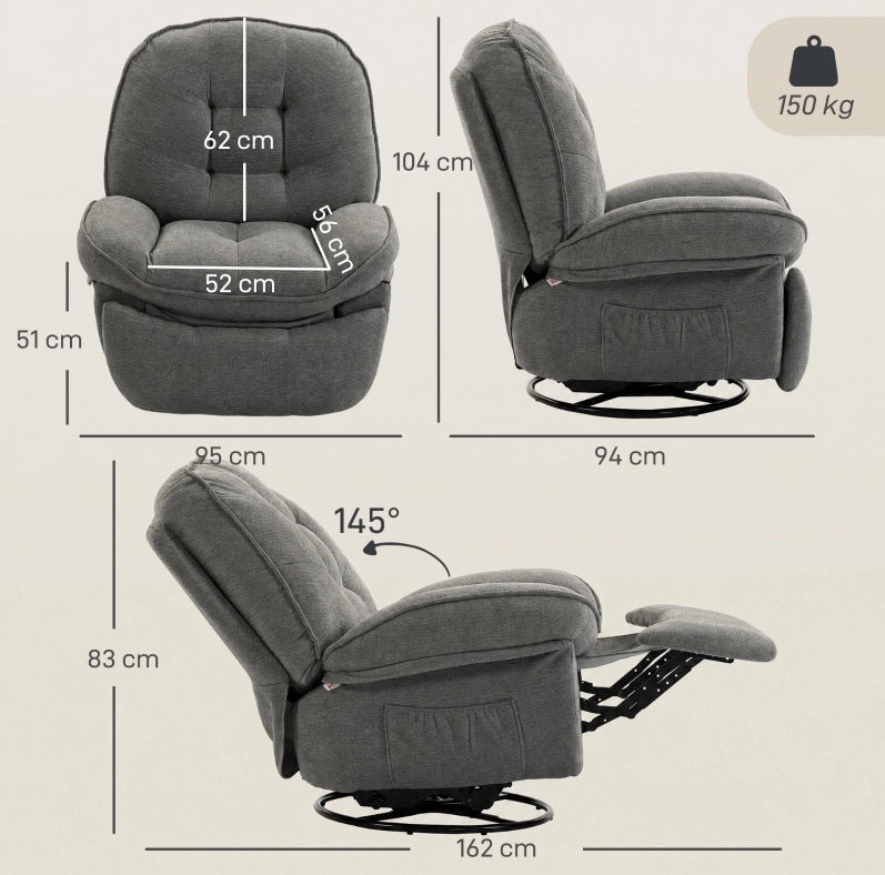 Poltrona relax girevole reclinabile in ciniglia grigio chiaro
