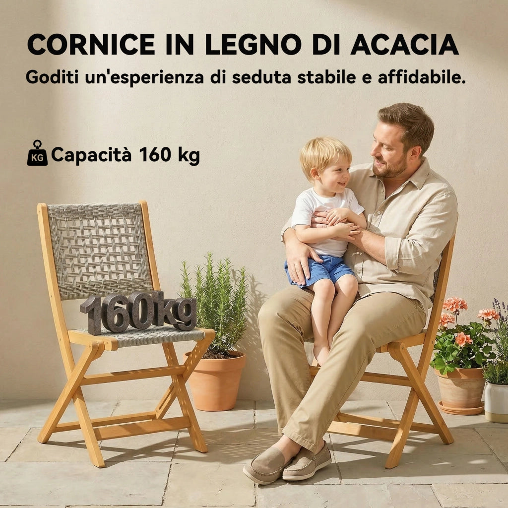 Sedia Pieghevole da Giardino ¨C Zephmum ¨C Rattan PE, Legno Acacia, Grigio, 2 Pezzi