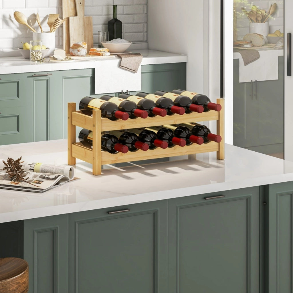 Piccolo scaffale per vino in bamb¨´ a 2 livelli da 12 bottiglie-Porta bottiglie di vino indipendente da appoggio Legno naturale