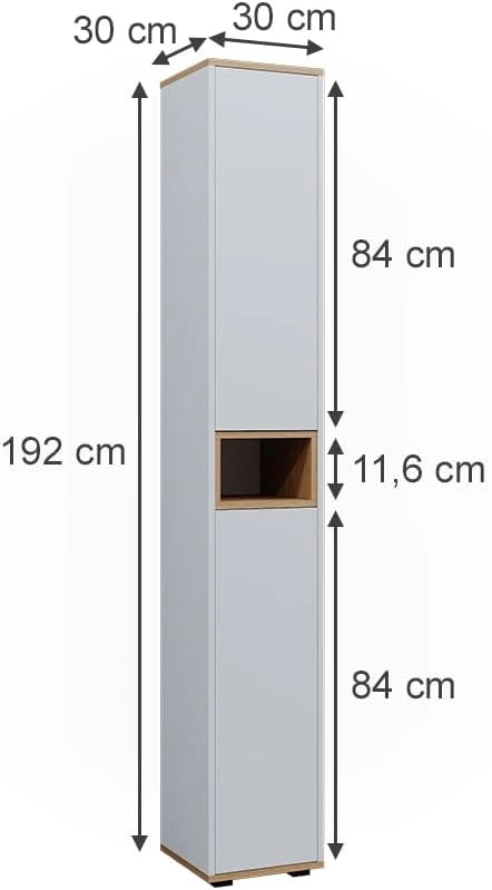 Armadio per il bagno Didi, Bianco/Artisan, 30 x 192 cm con 2 porte, per la conservazione di articoli da bagno e prodotti per la cura personale