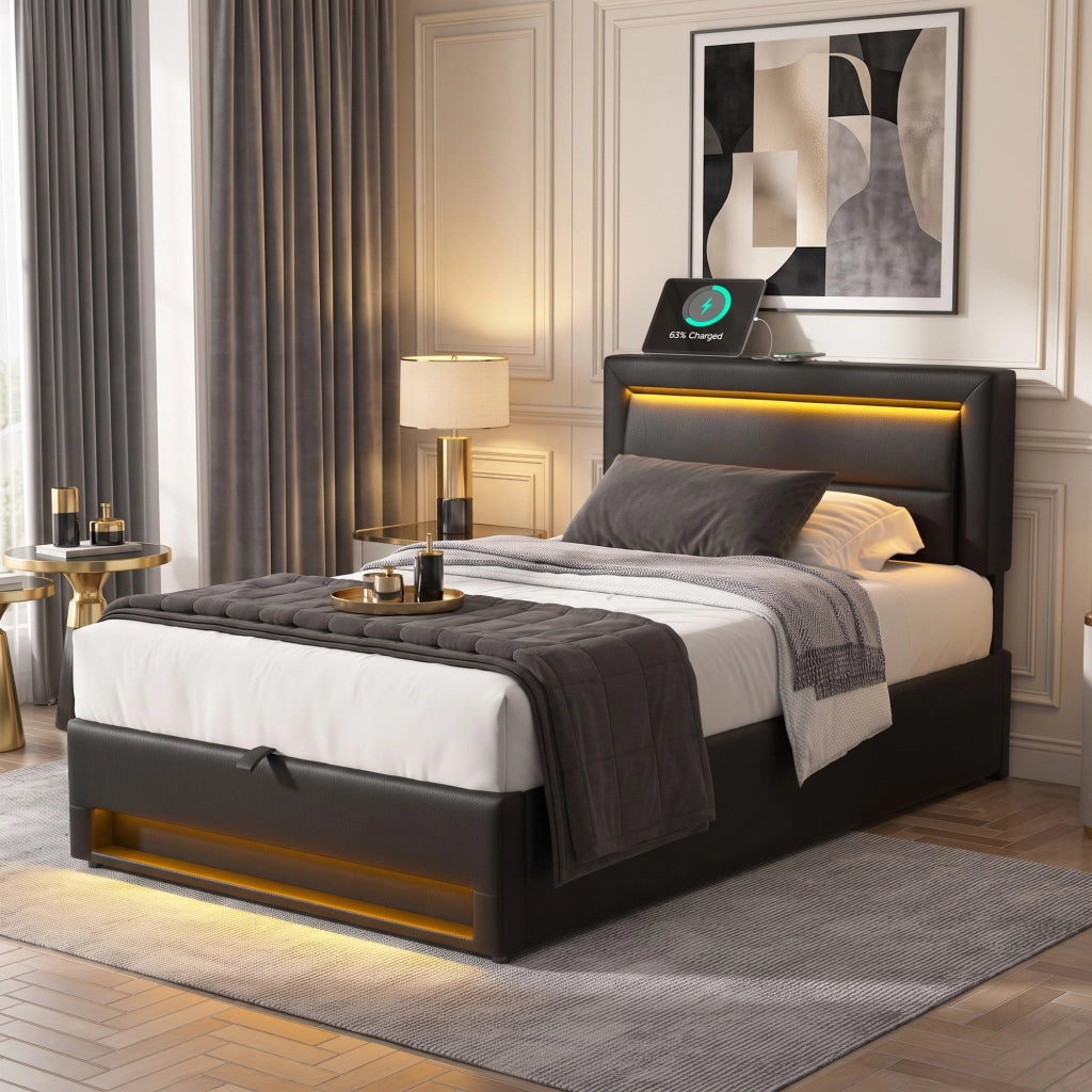 Letto imbottito 90x190 cm in PU nero con USB; LED; contenitore e rete a doghe