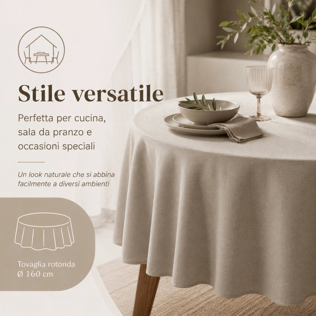 Tovaglia rotonda 160 cm colore grigio; tessuto effetto lino idrorepellente; lavabile in lavatrice; design moderno per tavolo da pranzo interno
