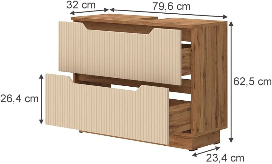 Mobile sottolavabo per bagno Lotta, Rovere/cashmere a righe, 79.6 x 62.5 cm con 2 cassetti