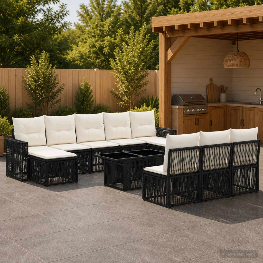 Set Divano da Giardino 11 pz Nero e Bianco Crema polyrattan 3436846