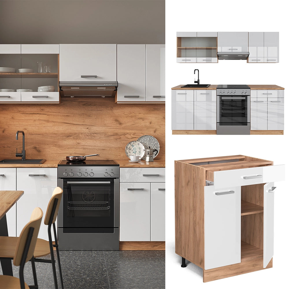 Vicco Cucina componibile Bianco lucido/oro power oak 200 cm , PL Marmo