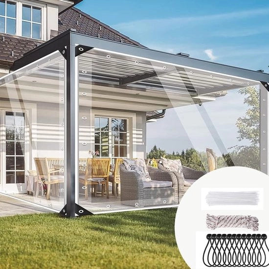 Zeildoek transparante con occhi, 420g/m² zeildoek in PVC, impermeabile e resistente alle intemperie, vele trasparenti su misura con 20 cavi, 12 alberi di prua neri, 10m cavo di ancoraggio (3x3m)
