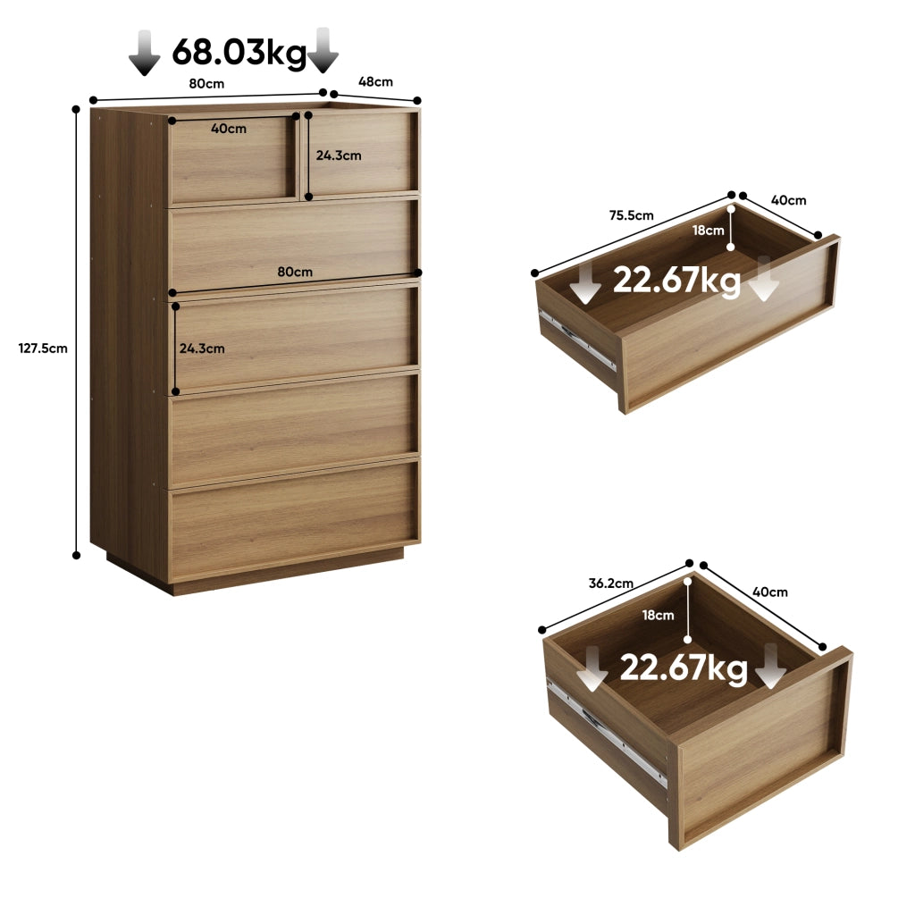 Comò con 6 cassetti, guide metalliche e blocco antiribaltamento per camera da letto e soggiorno, rovere, 80 × 48 × 127 cm