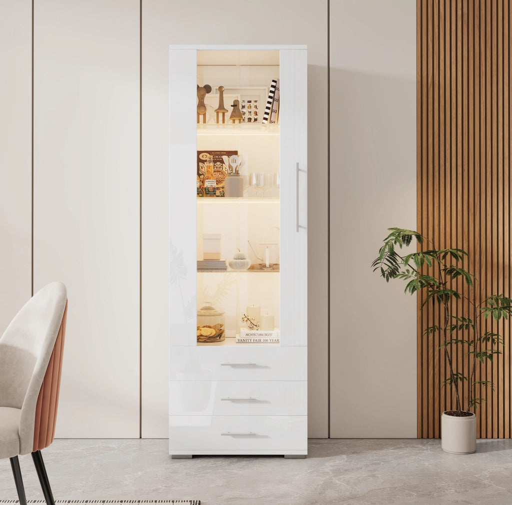 Vetrina bianca lucida con LED, 60x35x180 cm, MDF con porta acrilica e 3 cassetti