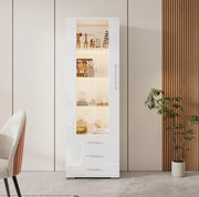 Vetrina bianca lucida con LED, 60x35x180 cm, MDF con porta acrilica e 3 cassetti
