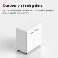 Mobile TV Moderno Multiuso in Legno con 4 Ruote e Freni, 2 Ante con 2 Ripiani, 60x35x65 cm, Bianco