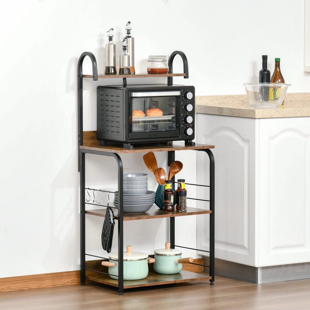 EasyComfort Mobiletto per Microonde a 4 Ripiani e 4 Ganci, Mobile Cucina in Acciaio e Legno 60x40x125cm, Marrone Rustico
