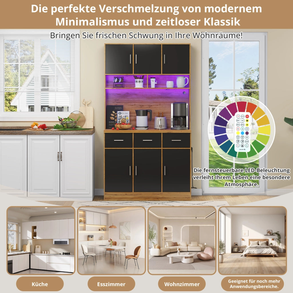 Credenza da Cucina Alta con 6 Ante; 3 Cassetti; Ripiani Regolabili; LED e Prese; in MDF; 100 x 40 x 180 cm; Naturale Nero