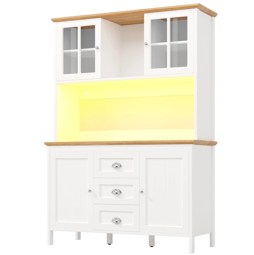 Credenza alta 120x40x179 cm con LED; 4 ante e 3 cassetti in MDF e metallo bianco