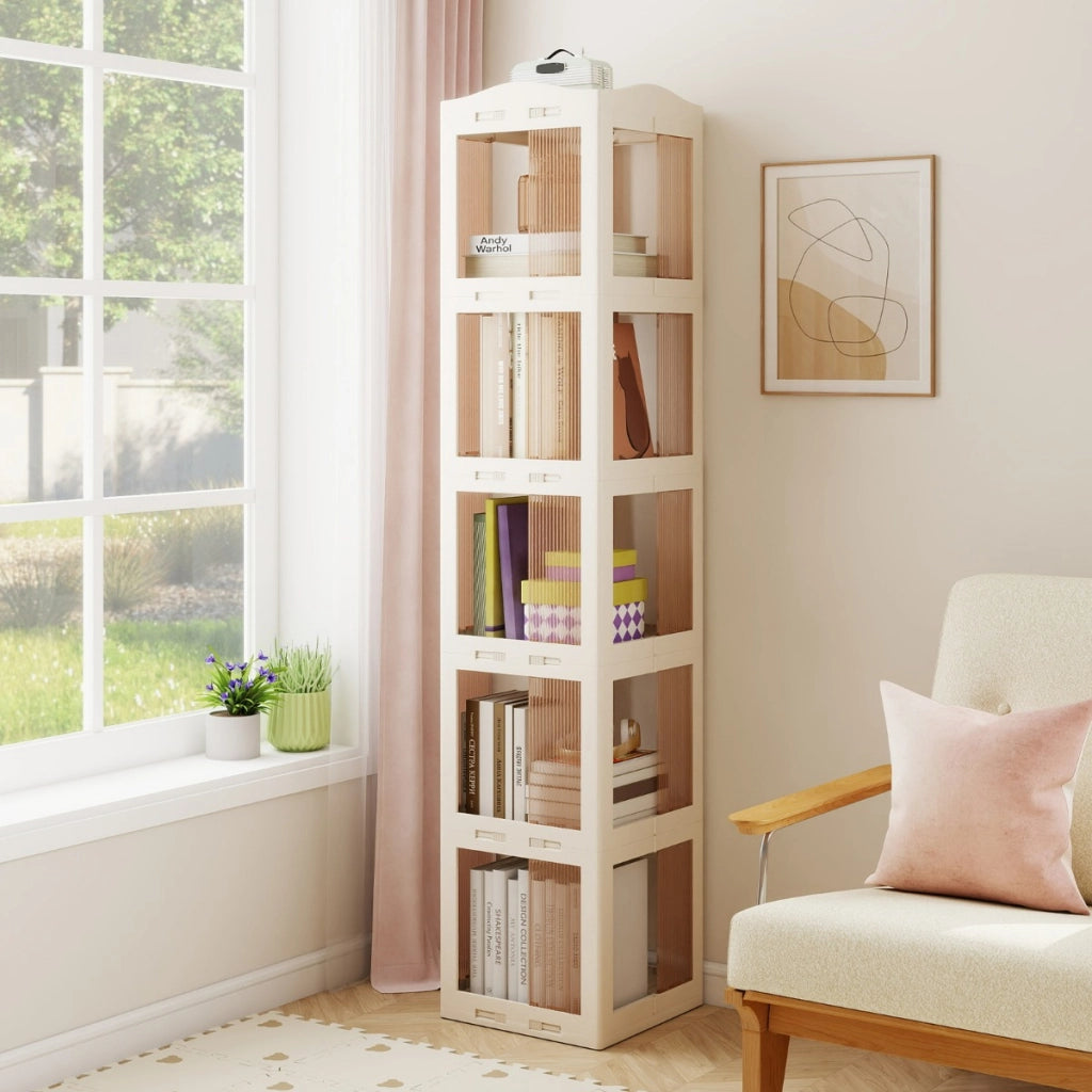 Libreria girevole pieghevole a 5 livelli per soggiorno e studio, Scaffale girevole a 360¡ã con base rotante per esposizione Bianco-Librerie