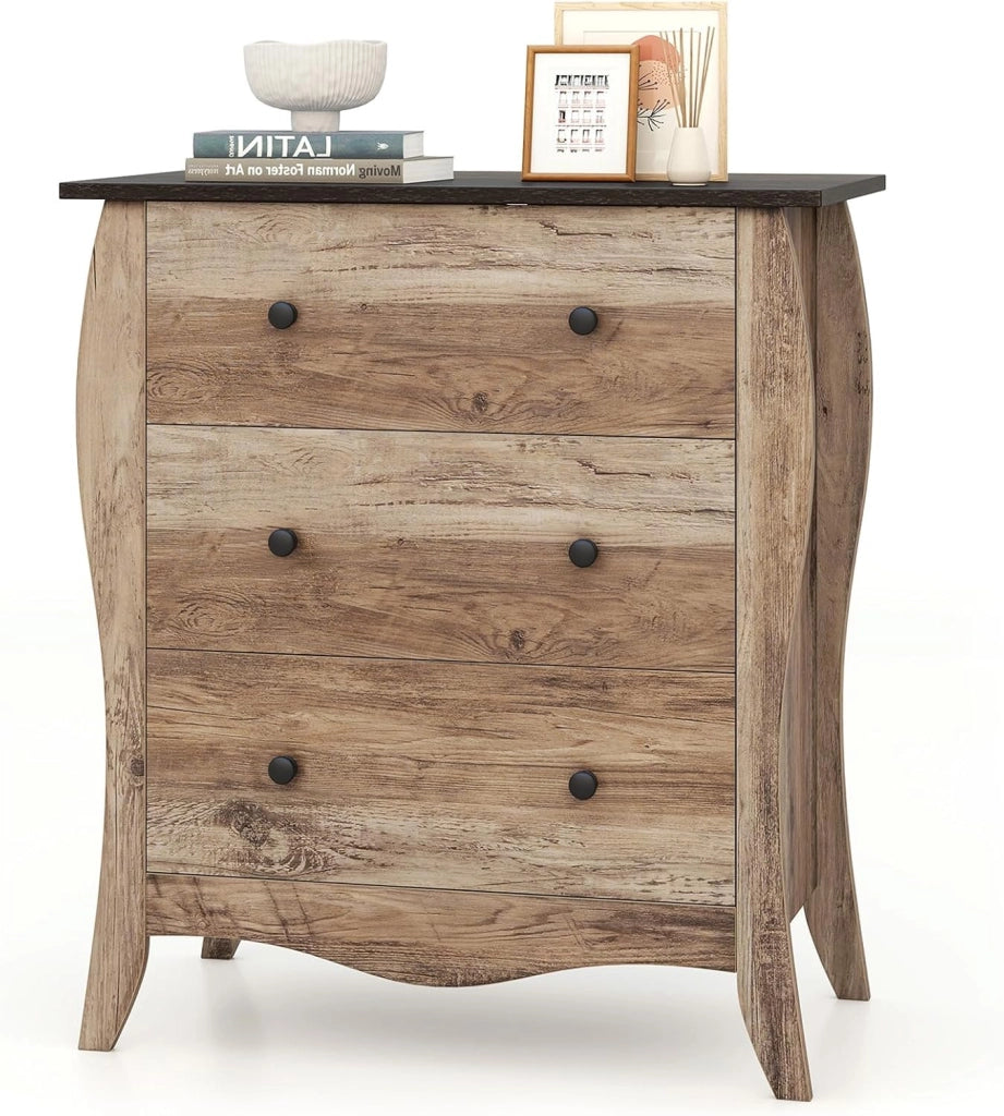 Cassettiera a 3 Cassetti Pieghevoli in Tessuto, Comò Camera da Letto in Legno, Mobiletto Cucina con Maniglie e Kit Antiribaltamento, Armadietto per Soggiorno, 67,5x38,5x76,5cm (Caffè)