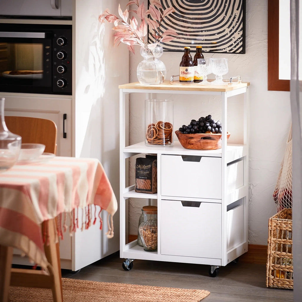 Carrello da cucina con 2 cassetti e 3 ripiani, Carrello da servizio, Carrelli portaoggetti, Bianco-Naturale 53x37x89cm FKW111-WN