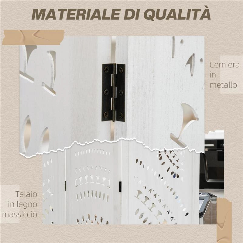 SEPARÈ PARAVENTO DA INTERNI PIEGHEVOLE A 3 PANNELLI IN LEGNO INTAGLIATO 120X170 CM BIANCO