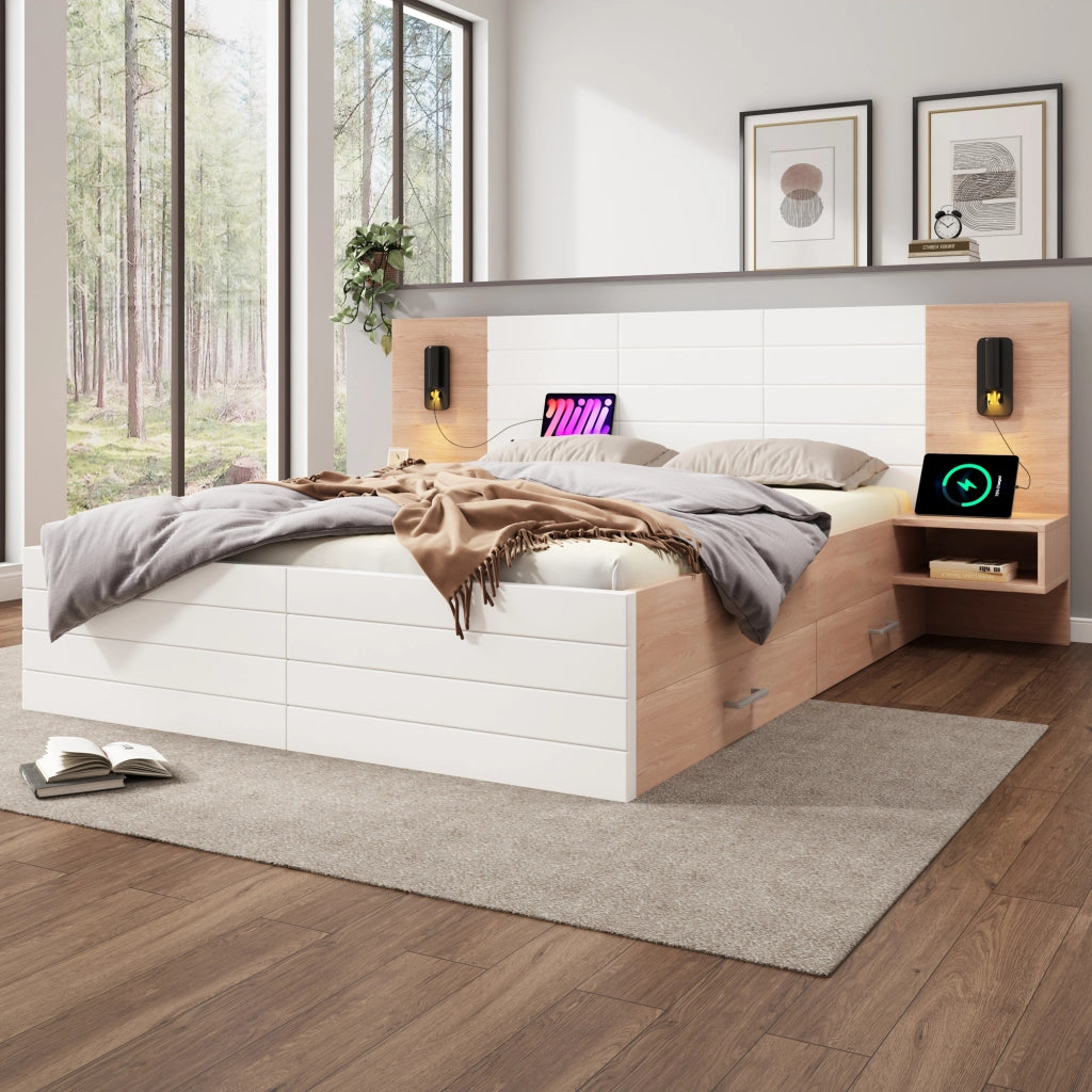 Letto con Cassetti Letto Matrimoniale; USB; Lampada da Lettura e Comodini; 140×200 cm; senza Materasso