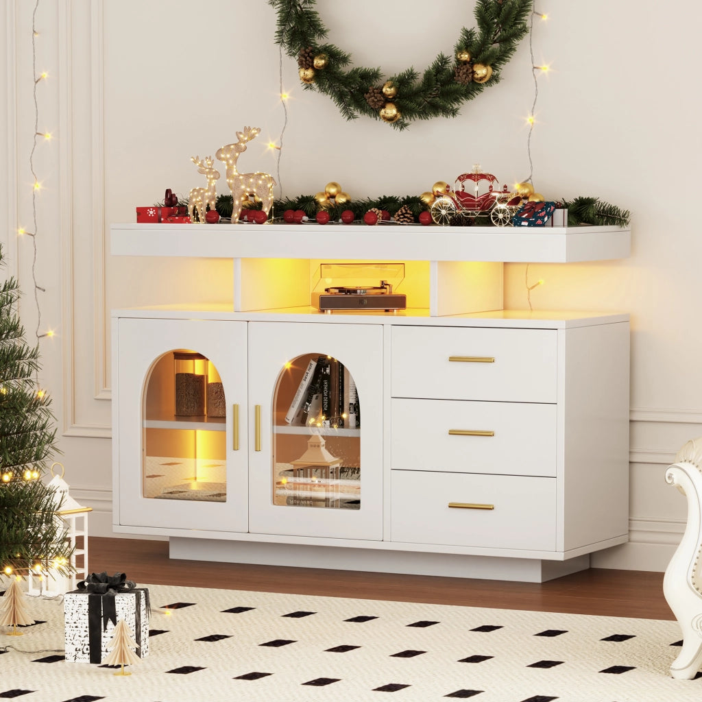 Credenza con 3 cassetti; vani aperti e LED RGB per soggiorno; 120 x 40 x 80 cm; bianco